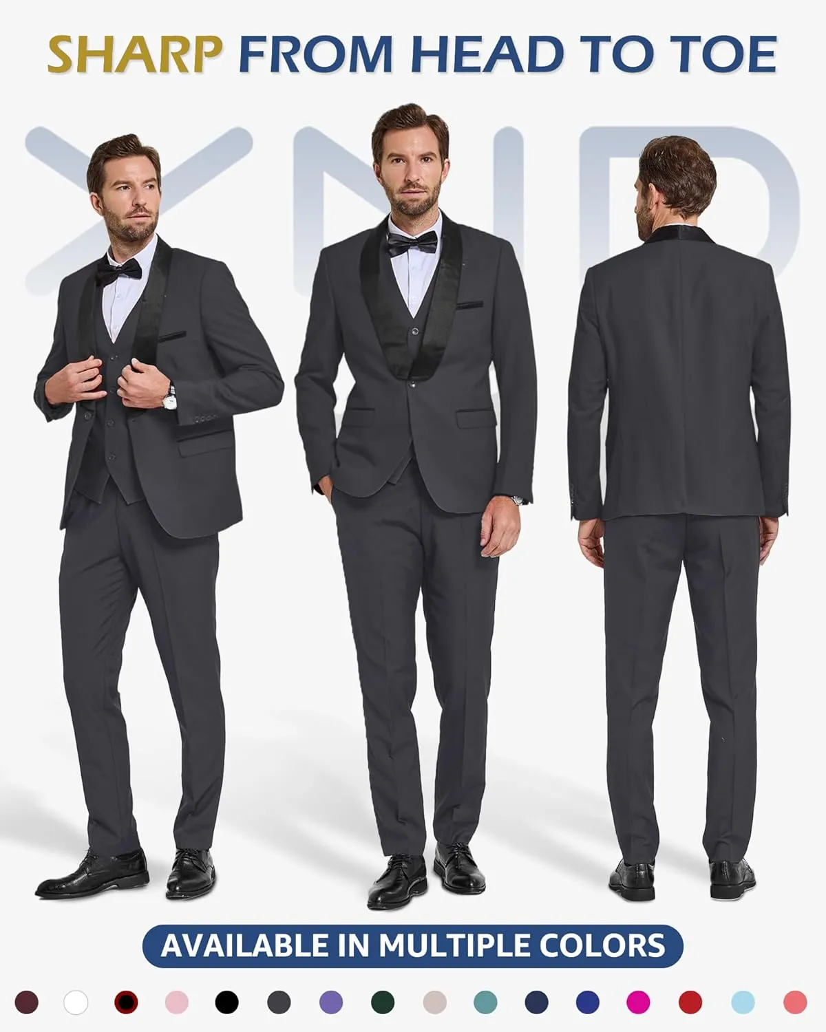 YND Men's 3 Piece Slim Fit Tuxedo Suit Set, One Button Shawl Lapel Solid Blazer, Jacket Vest Pants with Bow Tie