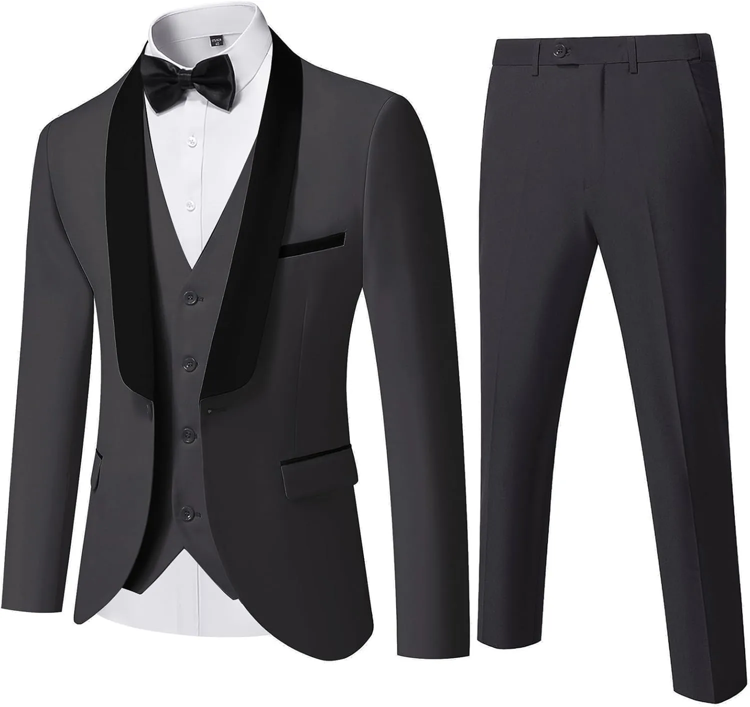 YND Men's 3 Piece Slim Fit Tuxedo Suit Set, One Button Shawl Lapel Solid Blazer, Jacket Vest Pants with Bow Tie