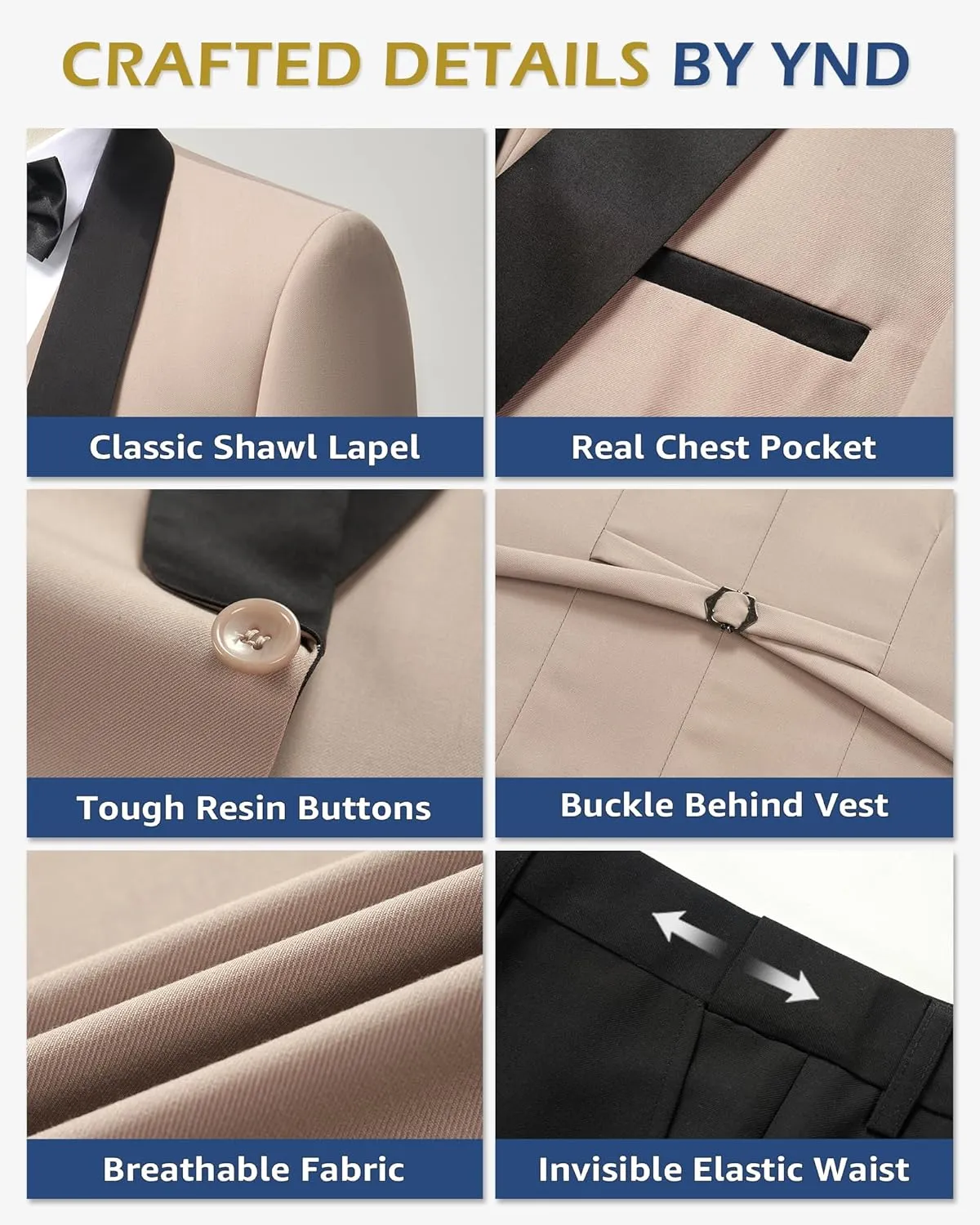 YND Men's 3 Piece Slim Fit Tuxedo Suit Set, One Button Shawl Lapel Solid Blazer, Jacket Vest Pants with Bow Tie