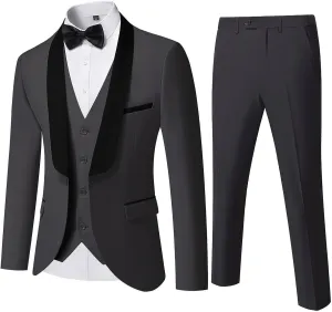 YND Men's 3 Piece Slim Fit Tuxedo Suit Set, One Button Shawl Lapel Solid Blazer, Jacket Vest Pants with Bow Tie