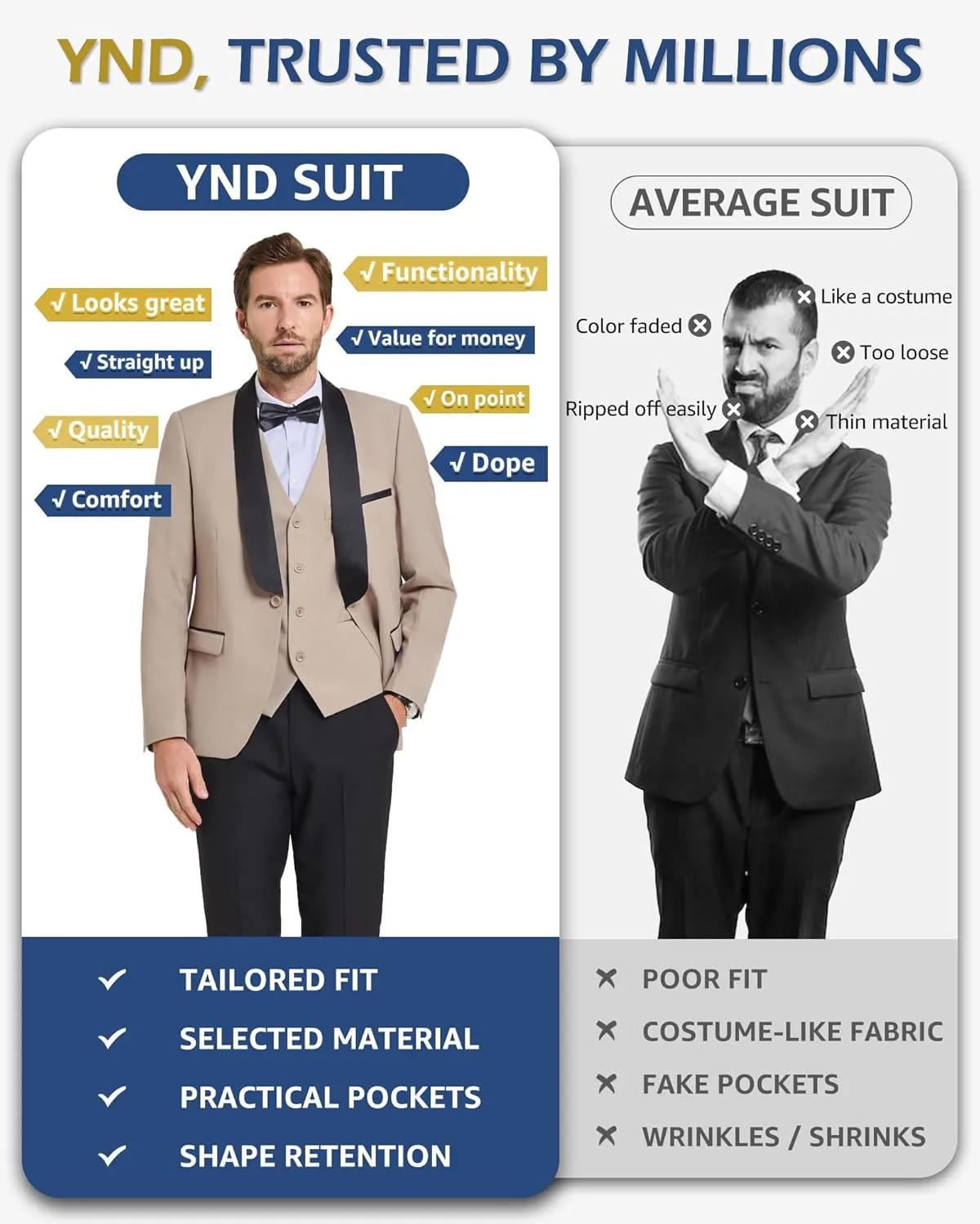 YND Men's 3 Piece Slim Fit Tuxedo Suit Set, One Button Shawl Lapel Solid Blazer, Jacket Vest Pants with Bow Tie