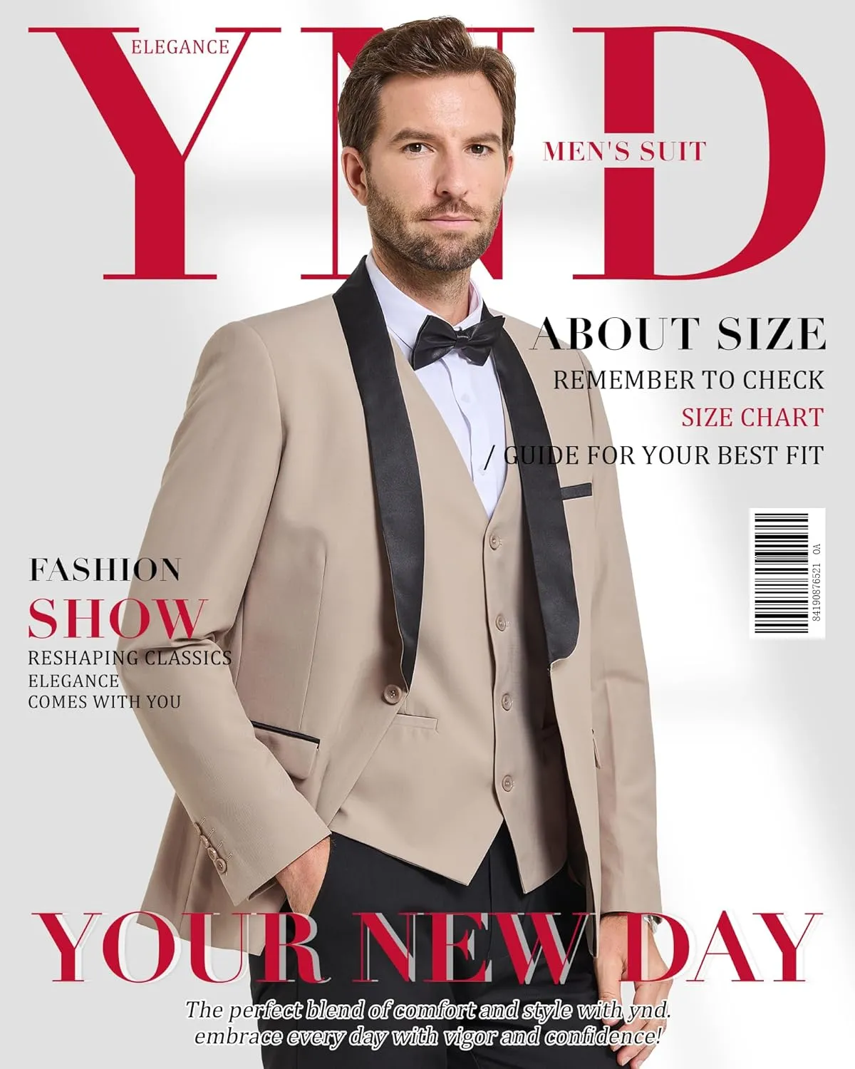 YND Men's 3 Piece Slim Fit Tuxedo Suit Set, One Button Shawl Lapel Solid Blazer, Jacket Vest Pants with Bow Tie
