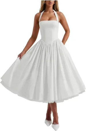 Zepumen Womens Halter Satin Prom Dresses 2025 Tea Length Ball Gowns A-Line Formal Evening Party Gowns